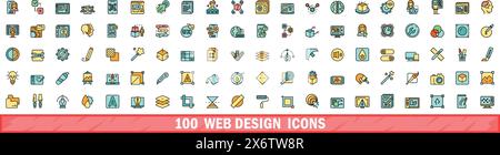 100 Web-Design-Symbole gesetzt. Farblinie Satz von Webdesign-Vektorsymbolen dünne Linie Farbe flach auf weiß Stock Vektor
