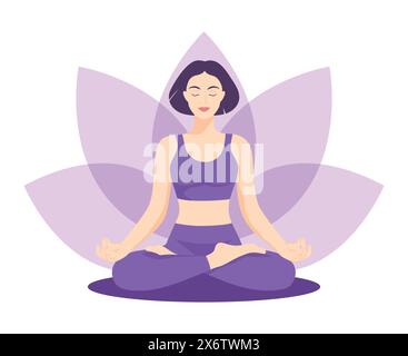 Ruhiges Mädchen mit kurzen Haaren, das in Yoga sitzt, Pose Lotusblume Hintergrund. Meditation und Yoga. Internationaler Yoga-Tag. Vektorabbildung Stock Vektor