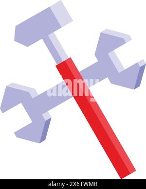 Abbildung eines stilisierten 3D-Schlüssels mit gekreuztem Hammer, der Werkzeuge oder heimwerker darstellt Stock Vektor