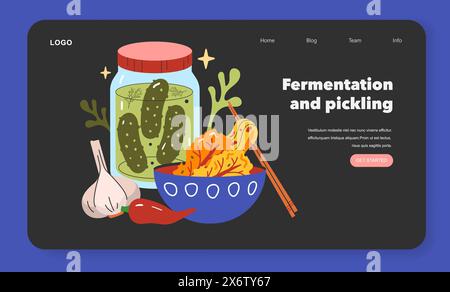 Gärungs- und Beizkonzept. Ein Webseitendesign veranschaulicht den Prozess mit Gurken in einem Glas und Kimchi. Entdecken Sie kulinarische Traditionen durch Vektorillustration. Stock Vektor