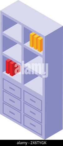 Vektorillustration eines isometrischen Bücherregals mit roten und gelben Büchern und leeren Regalen Stock Vektor