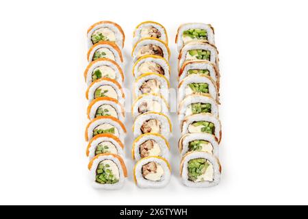 Set mit Uamaki-Brötchen mit Lachs, Aal und Käse Stockfoto