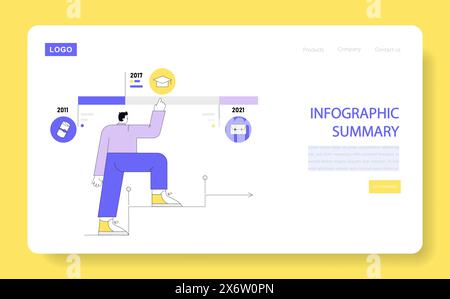 Infografik-Zeitrahmen-Konzept. Man klettert Schritte, die Meilensteine des beruflichen Wachstums von 2011 bis 2021 auf einem Website-Layout darstellen. Vektorabbildung. Stock Vektor