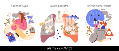 No Tobacco Day, der den Drogenzyklus, die Erholung der Lunge nach dem Aufhören und die Umweltauswirkungen des Tabaks veranschaulicht. Sensibilisierungs-, Gesundheits- und Konservierungsthemen. Vektorabbildung. Stock Vektor