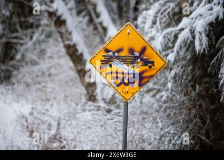 Ein Schild, das den Einsatz von Holzfällern auf einer Straße nach Port Refrew in British Columbia, Kanada, warnt, wurde von einer Anti-Holzfällerei-Gruppe vandalisiert. Stockfoto