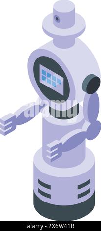 Isometrische niedliche Cartoon lila Roboterillustration mit freundlichem Charakterdesign für futuristisches Technologiekonzept. Perfekt für Kinder, die digitale Kunst erlernen. Vektorgrafik. Und virtueller Assistent Stock Vektor
