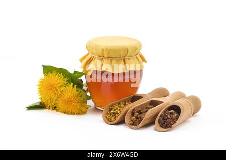 Ein Glas Honig mit Stoffdeckel, Pollengranulat, Bienenblume und Löwenzahnblüten Stockfoto