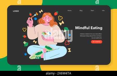 Gesundes Snack-Konzept. Eine Frau genießt achtsames Essen, umgeben von gesunden Speisen. Ausgewogene Ernährung und Wellness-Lifestyle. Vektorabbildung. Stock Vektor