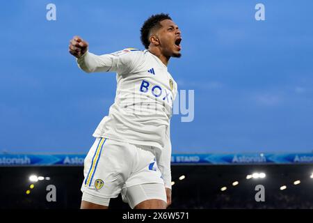 Georginio Rutter von Leeds United feiert, nachdem er im Halbfinalspiel der Sky Bet Championship in der Elland Road, Leeds, das dritte Tor des Spiels erzielt hat. Bilddatum: Donnerstag, 16. Mai 2024. Stockfoto