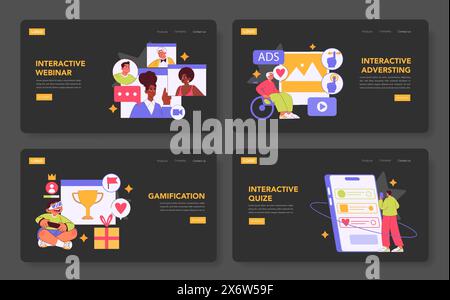 Interaktives Engagement. Zeigt verschiedene Methoden zur Förderung der Interaktion mit dem Publikum. Teilnahme an Webinaren, spielerische Gamification und aktive Werbung. Vektorabbildung. Stock Vektor