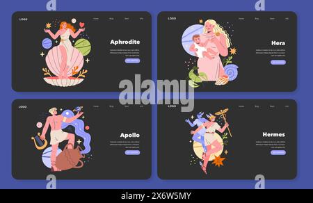 Alte griechische Götter Set. Mythologische Gottheiten, die Liebe, Ehe, Musik und Reisen verkörpern. Darstellungen für Webdesign. Vektorabbildung. Stock Vektor