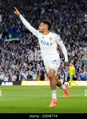 Georginio Rutter von Leeds United feiert, nachdem er im Halbfinalspiel der Sky Bet Championship in der Elland Road, Leeds, das dritte Tor des Spiels erzielt hat. Bilddatum: Donnerstag, 16. Mai 2024. Stockfoto