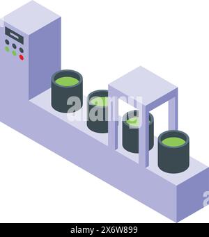 Vektorisometrische Darstellung eines Förderbandes mit grünen Fässern in einer Fertigungsumgebung Stock Vektor