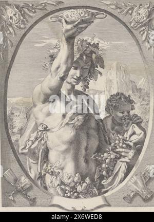 Bacchus, Bacchus als Gott des Weines, mit Weinkelch und Trauben. In ovalem Zierrahmen., Druck, Druckerei: Edouard Taurel, nach Druck von: Jan Saenredam, nach Design von: Hendrick Goltzius, 1832 - 1880, Papier, Gravur, Radierung, Höhe, 351 mm x Breite, 280 mm Stockfoto