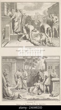 Tod von Ananias und Saphira, Heilungen durch die Apostel, Ananias und Saphyra mit dem Tod bestraft (...), Zeichen und Wunder durch die Apostel (...) (Titel auf Gegenstand), zwei biblische Darstellungen aus dem Buch der Apostelgeschichte im Neuen Testament. Oben: Sapphiras Körper wird weggetragen. Im Hintergrund wird der tote Ananias weggetragen. Unten: Mehrere kranke Menschen werden von den Aposteln geheilt. Unter den Aufführungen findet sich ein Verweis auf die Bibeltexte und die Titel in Niederländisch und Französisch. Druck, Druckerei: Pieter Tanjé, (auf dem Objekt erwähnt), Amsterdam, 1716 - 1761 und/oder 1791, Höhe, 323 mm Stockfoto