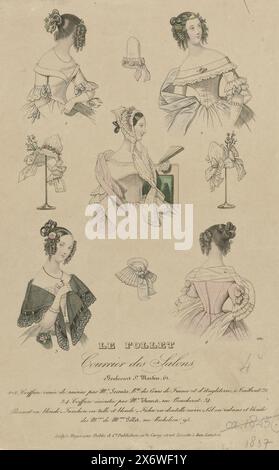 Le Follet, Courrier des Salons, 1837, Nr. 632: 1-2 Coiffure orné (...), fünf halblange Frauen, zwei Kopfbedeckungen, ein Kragen und Fichu, nummeriert eins bis vier. Nach der Bildunterschrift: 1-2 'Coiffure', verziert mit Trauben von Lecomte, patentiert vom französischen und englischen Gericht (?). 3-4. Coiffure von Thouret. Hut von Blonde (Spulenspitze). Fanchon aus Tüll und Blond (Spulenspitze). Fichu aus schwarzer Spitze. Kragen aus Bändern und Blond (Spulenspitze) aus den Pollet Shops. Druck aus dem Modemagazin Le Follet Courrier des Salons (1829 - 1882)., Druckerei: Anonym, Verlag Stockfoto