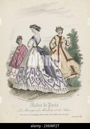 Le Messager des Modistes et des Salons,Modes de Paris, Journal Aglaja, September 1864, No. 35, Frau, von hinten gesehen, in einem Kleid mit breitem Rock, Gürtel (?) Mit Schleife. Kinderkleidung: Mädchen mit kariertem cape. Junge Frau im Ensemble: Jacke auf passendem knöchellangem Rock und Unterrock. Der Druck wurde in Aglaja (1848–1864), einem monatlichen Booklet für Frauenhandarbeit, veröffentlicht von A. C. Kruseman in Haarlem., Druckerei: Anonym, Verlag: Ad. Goubaud et Fils (erwähnt zum Gegenstand), Herausgeber: Johan Noman (erwähnt zum Gegenstand), Herausgeber: Paris, Herausgeber: Zaltbommel, Drucker Stockfoto