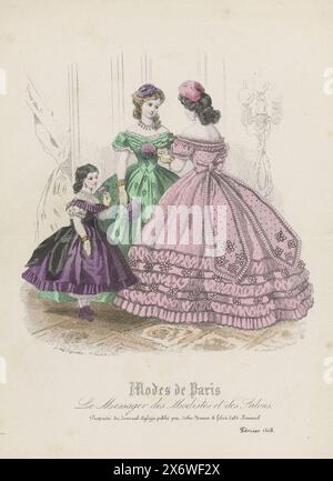 Le Messager des Modistes et des Salons, Modes de Paris, Journal Aglaja, Februar 1863, zwei Frauen und ein Mädchen in Abendkleidern mit Bootsausschnitt und kurzen Puffärmeln. Der Druck wurde in Aglaja (1848–1864), einem monatlichen Booklet für Frauenhandarbeit, veröffentlicht von A. C. Kruseman in Haarlem., Druckerei: Anonym, Verlag: Ad. Goubaud et Fils (erwähnt zum Gegenstand), Herausgeber: Johan Noman (erwähnt zum Gegenstand), Herausgeber: Paris, Verlag: Zaltbommel, Drucker: Paris, 1863, Papier, Gravur, Höhe, 201 mm x Breite, 148 mm Stockfoto