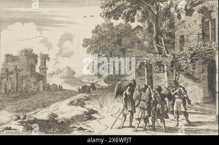 Abraham empfängt die drei Engel, alttestamentarische Darstellungen (Serientitel), in einer hügeligen Landschaft mit Ruine, Abraham und die drei Engel vor Abrahams Haus sind im rechten Vordergrund dargestellt., Druck, Druckerei: Herman van Swanevelt, (auf dem Objekt erwähnt), Rom, 1629 - 1641, Papier, Ätzen, Höhe, 144 mm x Breite, 205 mm Stockfoto