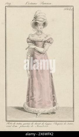 Journal des Dames et des Modes, Costume Parisien, 25. März 1819, (1804): Robe de Satin (...), stehende Frau in einem Satinkleid gekleidet mit Schwanendaunen. Auf dem Kopf ein Hut aus Satin, verziert mit einer Feder aus Maraboufedern. Weiteres Zubehör: Halskette, lange Handschuhe, Fächer, Schuhe. Der Druck ist Teil des Modemagazins Journal des Dames et des Modes, herausgegeben von Pierre de la Mésangère, Paris, 1797-1839., Druckerei: Anonym, Verlag: Pierre de la Mésangère, Paris, 1819, Papier, Gravur, Höhe, 176 mm x Breite, 109 mm Stockfoto