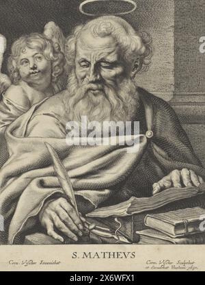 Evangelist Matthew, S. MATHEVS (Titel über Objekt), vier Evangelisten (Titel der Serie), Druck, Druckerei: Cornelis Visscher (II), (erwähnt über Objekt), nach Entwurf: Cornelis Visscher (II), (erwähnt über Objekt), Verlag: Cornelis Visscher (II), (erwähnt über Objekt), Haarlem, 1650, Papier, Gravur, Höhe, 259 mm x Breite, 197 mm Stockfoto