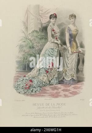 Revue de la Mode, Gazette de la Famille, dimanche 30. Mai 1880, 9. Année, Nr. 439: Savons de la Parfumerie Ninon (...), zwei Frauen auf einer Balustrade. Links: Ein weißes und meergrünes Kleid zum Abendessen und zur Soirée. Mieder und Rock mit Blumenkorsagen aus großen Rosen verziert. Rechts: Kleiden Sie sich in lila und weiß, deren Rock mit großen Teerosen verziert ist, für einen Ball und „grande Soiree“. Unter dem Bild befinden sich einige Zeilen mit Werbetext für verschiedene Produkte. Druck aus dem Modemagazin Revue de la Mode (1872-1913). Ausführliche Beschreibung der Kleidung auf Seite 180 "PLANCHE COLORIEE Stockfoto