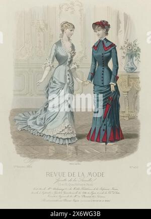 Revue de la Mode, Gazette de la Famille, dimanche 29 août 1880, 9e année, Nr. 452: Toilettes de Mme Delannoy (...), zwei Frauen, Hand in Hand, gekleidet in Kleider von Delannoy. Links: Kleid mit halblangen Ärmeln und Zug. Rechts: Kleid mit einem Mieder mit drei Schulterkragen und einer Reihe von Knöpfen in der Mitte vorne. Unter dem Bild befinden sich einige Zeilen mit Werbetext für verschiedene Produkte. Druck aus der Modezeitschrift Revue de la Mode (1872-1913), nach Entwurf von: E. Cheffer, (auf dem Objekt erwähnt), Druckerei: Anonym, Drucker: Falconer, (auf dem Objekt erwähnt), Paris, 1880, Papier Stockfoto