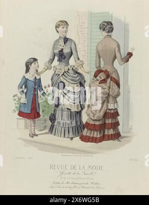 Revue de la Mode, Gazette de la Famille, 1882, 11e année, Nr. 554: Toilettes de Mme Delannoy (...), nach der Überschrift: 'Toilettes' von Delannoy. Unten finden Sie eine Zeile mit Werbetext für verschiedene Produkte. Druck aus der Modezeitschrift Revue de la Mode (1872-1913), nach Entwurf von: E. Cheffer, (auf dem Objekt erwähnt), Druckerei: Anonym, Drucker: Auguste Godchaux & Cie, (auf dem Objekt erwähnt), Paris, 1882, Papier, Gravur, Höhe ca. 375 mm x Breite ca. 270 mm Stockfoto