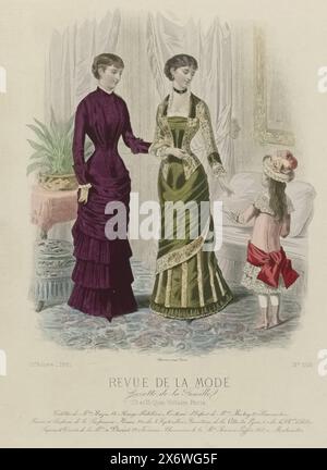 Revue de la Mode, Gazette de la Famille, 1881, 10. Année, Nr. 509: Toiletten de Mme Bazin (...), zwei Frauen und ein Mädchen in einem Innenraum. Die Frauen tragen Kleider von Bazin. Die Kinderkleidung ist von Mme Barbey. Unter dem Bild befinden sich einige Zeilen mit Werbetext für verschiedene Produkte. Druck aus der Modezeitschrift Revue de la Mode (1872-1913)., Druckerei: Anonym, Drucker: Falconer, (auf dem Objekt erwähnt), Paris, 1881, Papier, Gravur, Höhe ca. 370 mm x Breite ca. 270 mm Stockfoto