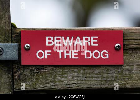 Ein Schild mit der Aufschrift "Hüte dich vor dem Hund" an einem Tor. Dieses rot-weiße Schild warnt jeden, der das Tor betritt, dass auf der anderen Seite ein Hund anwesend ist. Stockfoto