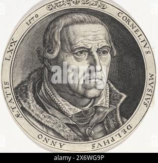 Porträt von Cornelis Musius, im Alter von 70 Jahren, Druck, Druckerei: Johannes Wierix, Delft, 1570, Papier, Stich, Höhe, 76 mm x Breite, 77 mm Stockfoto