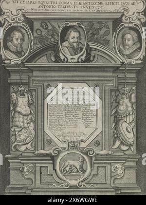 Porträts von Maurice, Philipp Wilhelm und Frederik Hendrik, Prinzen von Orange, Porträts römischer Kaiser (Serientitel), Porträts von Maurice, Philipp Wilhelm und Frederik Hendrik, jeweils in einem ovalen Rahmen. An den beiden äußeren Rahmen hängt eine römische Rüstung, zwischen der sich eine Kartusche mit lateinischem Text befindet. Unter dieser Kartusche ist Romulus und Remus mit der Wolfsfrau dargestellt. Titeldruck für eine Serie von 12 Drucken mit Reiterporträts., Druck, Druckerei: Laurens Eillarts, (auf dem Objekt erwähnt), nach Entwurf von: Antonio Tempesta, (auf dem Objekt erwähnt), Druckerei: Rom, nach Entwurf von Stockfoto