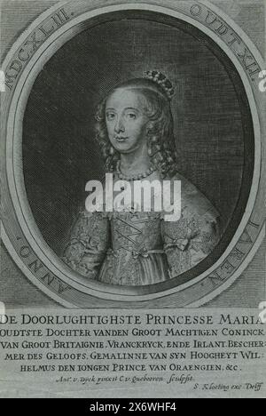 Porträt von Maria Henrietta Stuart, im Alter von 12 Jahren, Porträt von Maria Henrietta in einem Oval mit Randschrift. Fünf Zeilen niederländischer Text am unteren Rand., Druck, Druckerei: Crispijn van den Queborn, (erwähnt auf Objekt), nach Malerei von: Anthony van Dyck, (erwähnt auf Objekt), Verlag: Simon Kloeting, (erwähnt auf Objekt), Druckerei: Den Haag, Verlag: Delft, ca. 1645 - ca. 1674, Papier, Gravur, Ätzung, Höhe, 257 mm x Breite, 181 mm Stockfoto