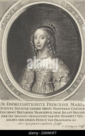 Porträt von Maria Henrietta Stuart, im Alter von 12 Jahren, Porträt von Maria Henrietta in einem Oval mit Randschrift. Fünf Zeilen niederländischer Text am unteren Rand., Druck, Druckerei: Crispijn van den Queborn, (erwähnt auf Objekt), nach Malerei von: Anthony van Dyck, (erwähnt auf Objekt), Verlag: Simon Kloeting, (erwähnt auf Objekt), Druckerei: Den Haag, Verlag: Delft, ca. 1645 - ca. 1674, Papier, Gravur, Ätzung, Höhe, 253 mm x Breite, 172 mm Stockfoto