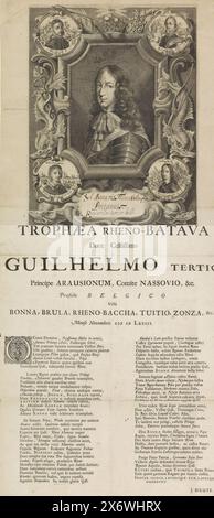 Porträt von Wilhelm III., Prinz von Orange, Porträt von Wilhelm III. In einem achteckigen Rahmen. In den vier Ecken Porträts der vier bisherigen Statthalter Willem I., Maurice, Frederik Hendrik und Willem II. Ganz in einem Rahmen mit Arabesken und einer Reihe allegorischer Objekte und Tiere. Darunter, locker eingefügter Text in Buchdruck über die Eroberung von Bonn, Rheinbach, Brühl und anderen deutschen Städten, 1673., Druck, Druckerei: Anonym, Jan Neuye, (erwähnt am Objekt), Herausgeber: Hieronymus Sweerts, (erwähnt am Objekt), Druckerei: niedere Länder, Verlag: Amsterdam, 1673, Papier Stockfoto