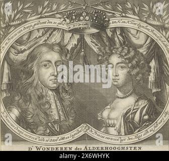 Porträt von Wilhelm III., Prinz von Orange, und Maria II. Stuart, Porträt von Wilhelm III. Und Maria II. In einem Doppeloval mit Randbeschriftung. Eine Krone oben in der Mitte. Eine Zeile mit niederländischem Text am unteren Rand., Print, Print Maker: Anonym, Low Countries, 1688 - 1749, Papier, Gravur, Ätzen, Höhe, 121 mm x Breite, 133 mm Stockfoto