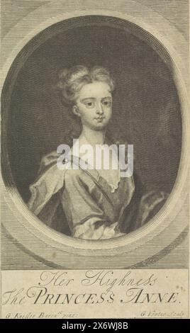 Porträt Anna von Hannover, Porträt Anna in einem Oval. Ihr Name und Titel am unteren Rand., Druck, Druckerei: George Vertue, (auf Objekt erwähnt), nach Malerei von Gottfried Kneller, (auf Objekt erwähnt), London, 1718, Papier, Gravur, Höhe, 165 mm x Breite, 98 mm Stockfoto