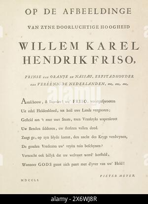 Text zum Porträt von Wilhelm IV., Prinz von Orange-Nassau, Textblatt, Verlag: Pieter Meyer, (auf dem Objekt erwähnt), Amsterdam, 1751, Papier, Buchdruck, Höhe, 459 mm x Breite, 292 mm Stockfoto