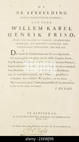 Text zum Porträt von Wilhelm IV., Prinz von Oranien-Nassau, Textblatt Frans de Haes (auf dem Objekt erwähnt), Herausgeber: Nikolaes Smithof (erwähnt auf dem Objekt), Rotterdam, 1747, Papier, Buchdruck, Höhe, 384 mm x Breite, 231 mm Stockfoto