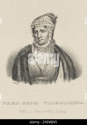 Porträt Wilhelmina von Preußen, Porträt Wilhelmina in einem verzierten Rechteck. Ihr Name am unteren Rand., Druck, Druckerei: Gerhardus Fredericus Eilbracht, Verlag: Soetens & Fils, (erwähnt auf Objekt), Haag, ca. 1837 - ca. 1840, Papier, Höhe 170 mm x Breite, 116 mm Stockfoto