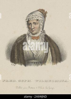 Porträt Wilhelmina von Preußen, Porträt Wilhelmina in einem verzierten Rechteck. Ihr Name am unteren Rand., Druck, Druckerei: Gerhardus Fredericus Eilbracht, Verlag: Soetens & Fils, (erwähnt auf Objekt), Haag, ca. 1837 - ca. 1840, Papier, Höhe 171 mm x Breite, 119 mm Stockfoto