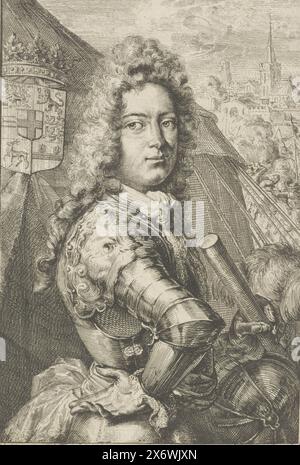 Porträt von Heinrich Kasimir II., Graf von Nassau-Dietz, Porträt von Heinrich Kasimir II. In seiner linken Hand ein Kommandostab. Im Hintergrund ein Armeezelt mit seiner Waffe, eine Schlacht und eine Festung., Druck, Druckerei: Romeyn de Hooghe, (möglicherweise), Nordholland, 1675 - 1708, Papier, Gravur, Ätzen, Höhe, 182 mm x Breite, 124 mm Stockfoto