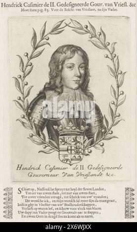 Porträt von Heinrich Kasimir II., Graf von Nassau-Dietz, Porträt von Heinrich Kasimir II. In einem Oval aus orangen Zweigen. In der Mitte unter seinem Wappen mit einer Krone. Am unteren Rand befinden sich Name und Titel., Druck, Druckerei: Anonym, Verlag: Levijn van Dijck (I), Druckerei: Niedere Länder, Verlag: Den Haag, 1667, Papier, Gravur, Ätzen, Buchdruck, Höhe, 136 mm x Breite, 97 mm Stockfoto