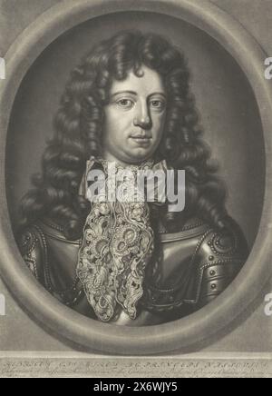 Porträt von Heinrich Kasimir II., Graf von Nassau-Dietz, Porträt von Heinrich Kasimir II. In einem Oval. Am unteren Rand befinden sich Name und Titel., Druck, Druckerei: Abraham Bloteling, (auf dem Objekt erwähnt), nach Malerei von: Michiel van Musscher, (auf dem Objekt erwähnt), Verlag: Abraham Bloteling, (auf dem Objekt erwähnt), Amsterdam, 1675 - 1690, Papier, Höhe, 348 mm x Breite, 253 mm Stockfoto