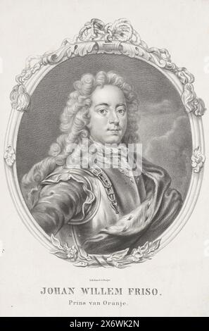 Porträt von Johan Willem Friso, Prinz von Orange-Nassau, Porträt von Johan Willem Friso in einem ornamentierten Oval. Am unteren Rand befinden sich Name und Titel., Print, Print Maker: Anonym, Printer: Emrik & Binger, (auf dem Objekt erwähnt), Print Maker: Niederlande, Printer: Haarlem, ca. 1856 - ca. 1910, Papier, Höhe, 287 mm x Breite, 189 mm Stockfoto