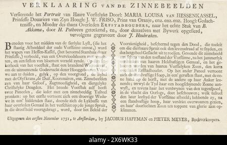 Text zum Porträt von Maria Louisa van Hessen-Kassel, Textblatt, Verlag: Jacobus Haffman, (am Objekt erwähnt), Verlag: Pieter Meyer, (auf dem Objekt erwähnt), Amsterdam, 1. Nov. 1751, Papier, Buchdruck, Höhe, 160 mm x Breite, 240 mm Stockfoto