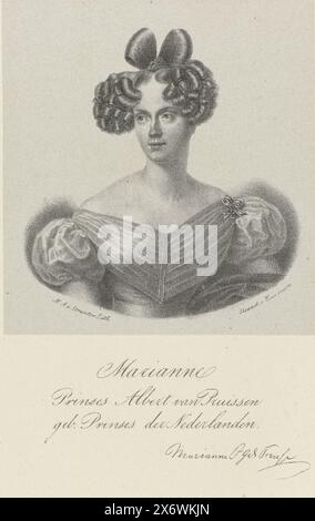 Porträt von Marianne, Prinzessin der Niederlande, Porträt von Marianne. Am unteren Rand ihr Name, ihre Titel und ihre Unterschrift., Druck, Druckerei: Marinus Adrianus van Straten, (auf dem Objekt erwähnt), Drucker: Johannes Paulus Houtman, (auf dem Objekt erwähnt), Utrecht, 1830 - ca. 1845, Papier, Höhe, 243 mm x Breite, 179 mm Stockfoto