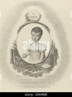 Porträt von Marianne, Prinzessin der Niederlande, Porträt von Marianne in einem Oval. Um ihn herum befinden sich eine Reihe allegorischer Objekte und ein Halo. Ihr Name und ihre Titel am unteren Rand., Druck, Druckerei: Willem van Senus, (auf dem Objekt erwähnt), nach Entwurf von: Evert Maaskamp, (auf dem Objekt erwähnt), Verlag: Evert Maaskamp, (auf dem Objekt erwähnt), Druckerei: Niederlande, Verlag: Amsterdam, 1815 - 1834, Papier, Gravur, Ätzung, Höhe, 375 mm x Breite, 258 mm Stockfoto
