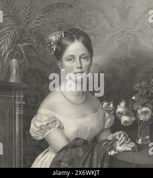 Porträt von Marianne, Prinzessin der Niederlande, Porträt von Marianne. Sie steht in einem Raum mit einer Rose in der linken Hand., Druck, Druckerei: Anonym, Niederlande, 1825 - 1899, Papier, Höhe, 269 mm x Breite, 244 mm Stockfoto