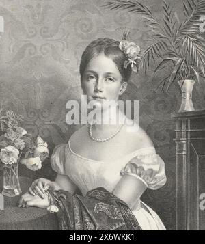 Porträt von Marianne, Prinzessin der Niederlande, Porträt von Marianne. Sie steht in einem Zimmer mit einer Rose in der rechten Hand. Ihr Name und Titel am unteren Rand., Druck, Druckerei: Anonym, Drucker: Jean Baptiste Ambroise Marcellin Jobard, (auf dem Objekt erwähnt), Brüssel, 1825 - 1861, Papier, Höhe, 355 mm x Breite, 278 mm Stockfoto